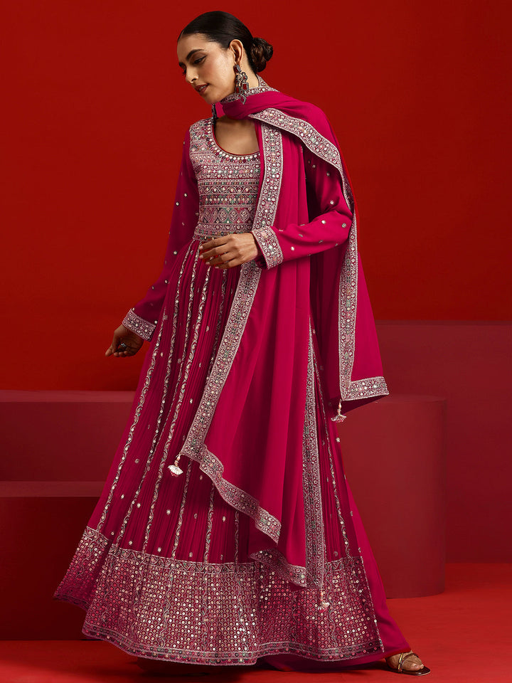 Libas Art Hot Pink Embroidered Georgette A-Line Kurta With Palazzos & Dupatta