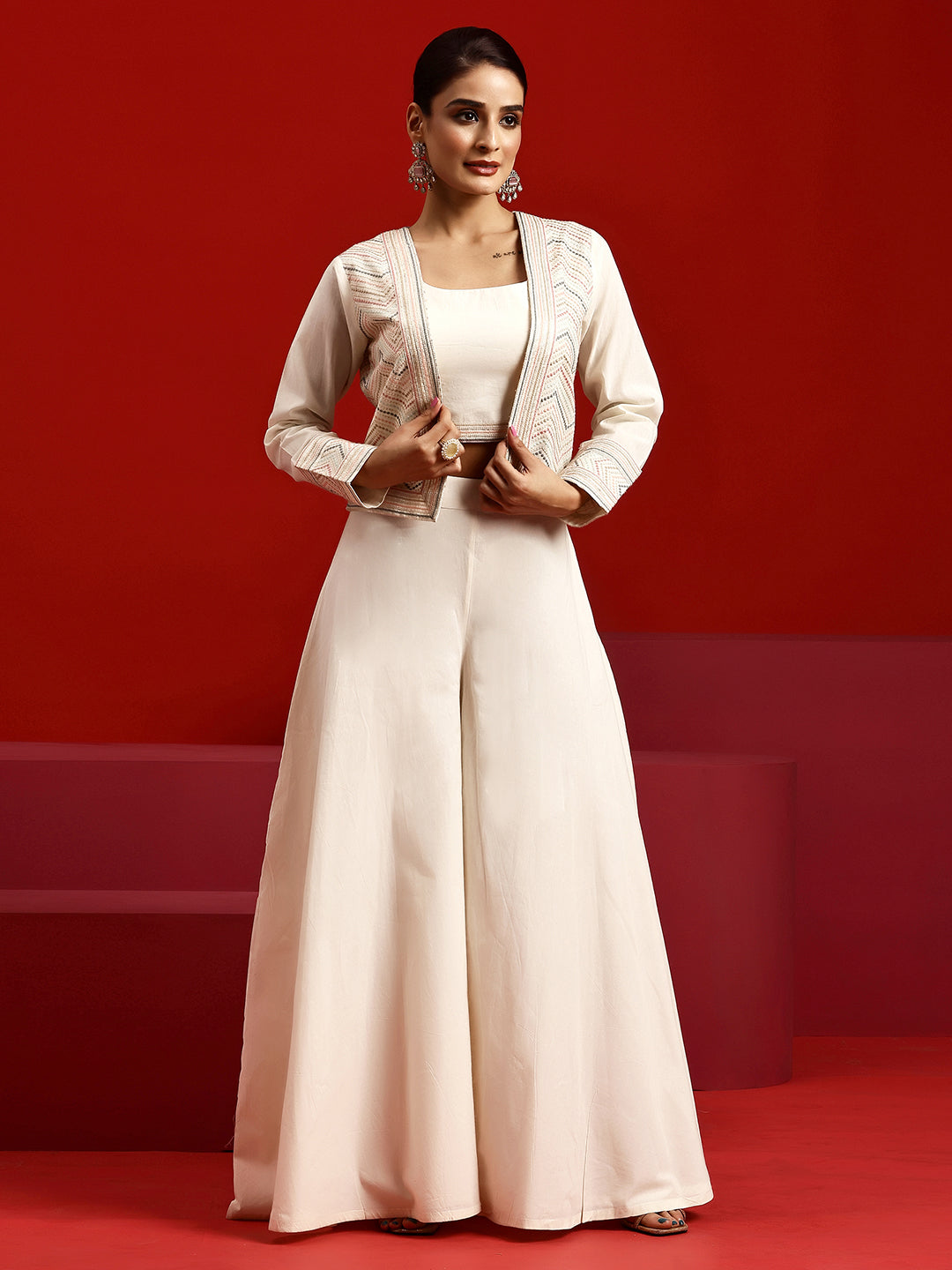 Libas Art Off White Solid Cotton 3 Piece Co-Ords