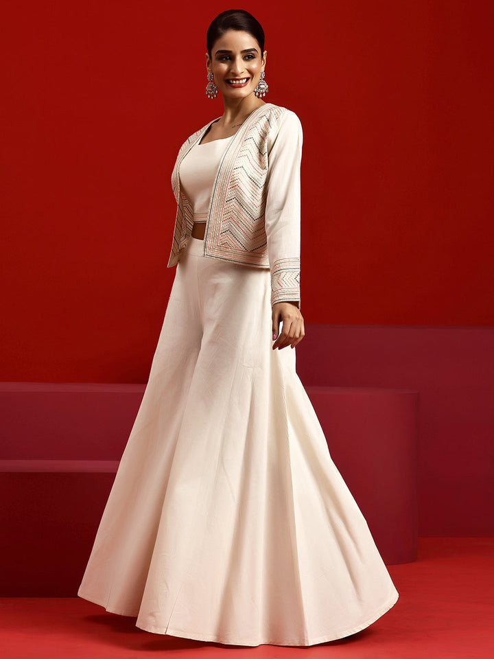 Libas Art Off White Solid Cotton 3 Piece Co-Ords