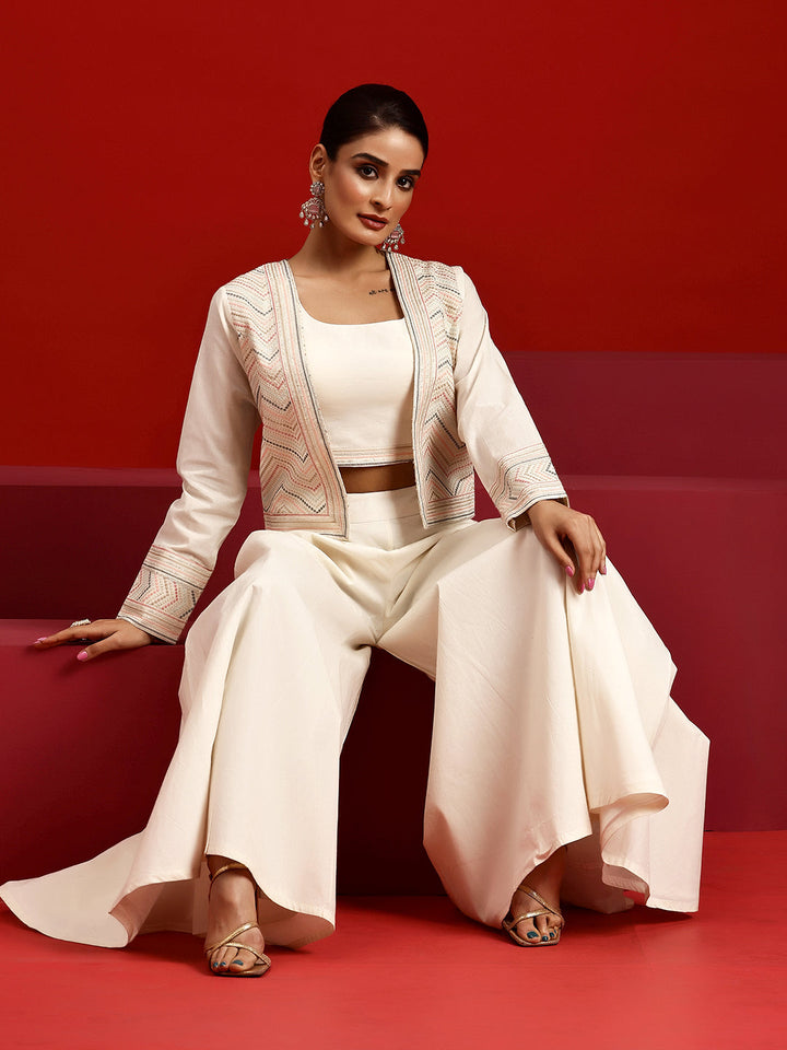 Libas Art Off White Solid Cotton 3 Piece Co-Ords