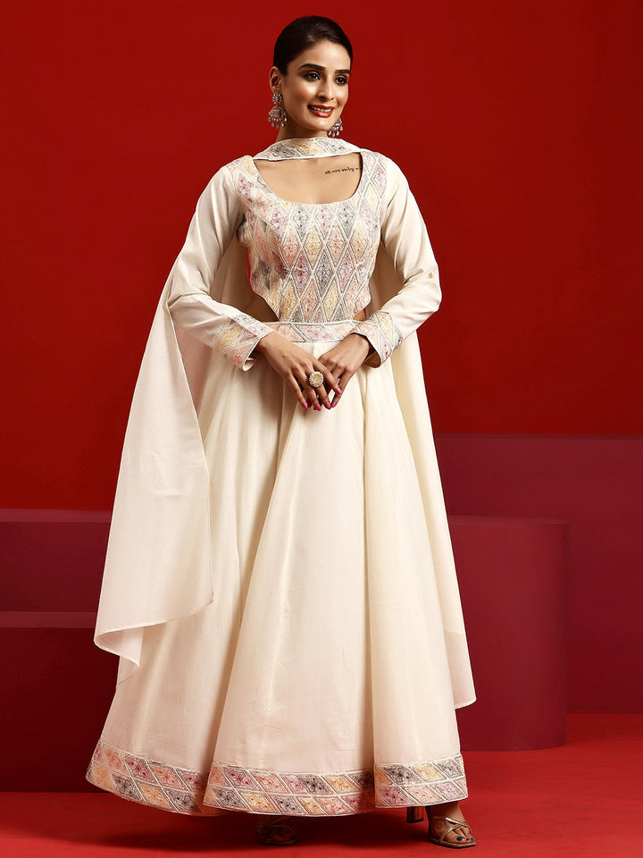 Libas Art Off White Embroidered Cotton Anarkali Suit With Dupatta