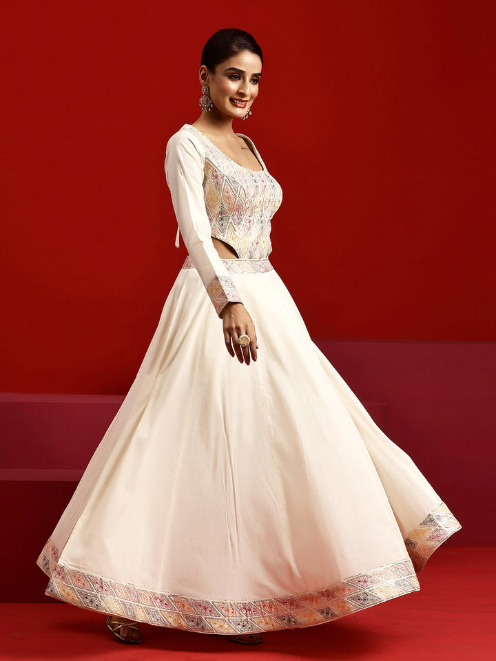 Libas Art Off White Embroidered Cotton Anarkali Suit With Dupatta