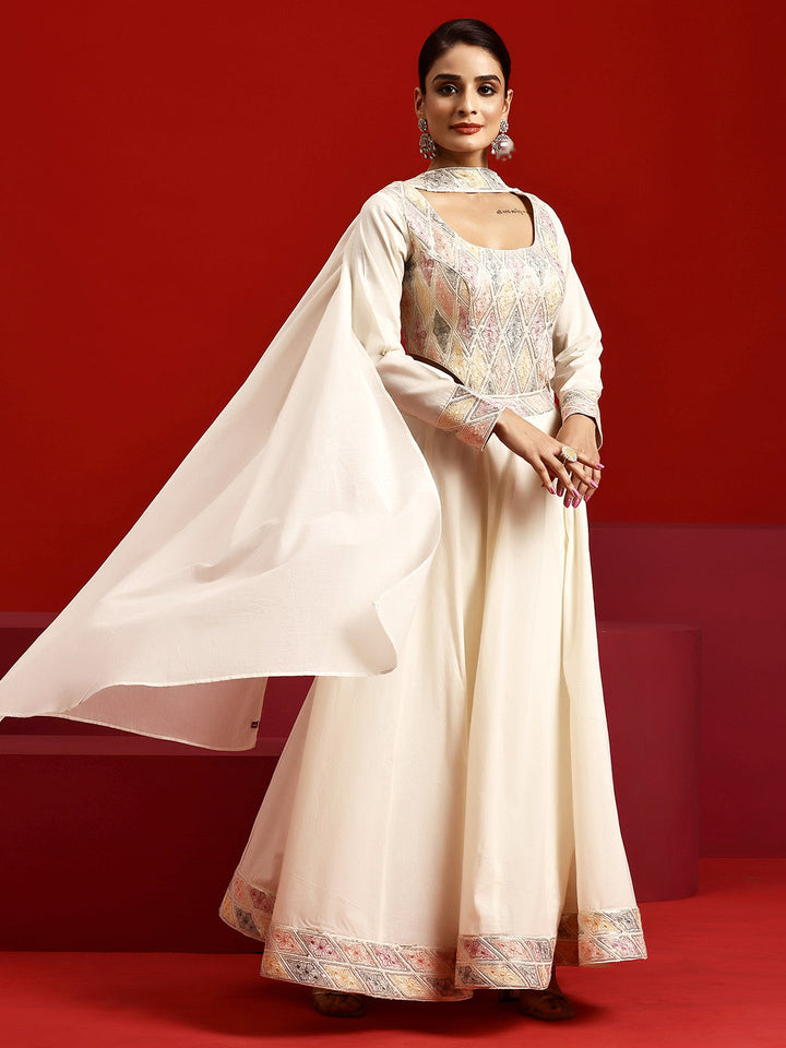 Libas Art Off White Embroidered Cotton Anarkali Suit With Dupatta