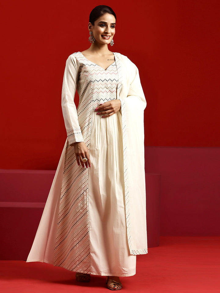 Libas Art Off White Embroidered Cotton A-Line Kurta With Trousers & Dupatta