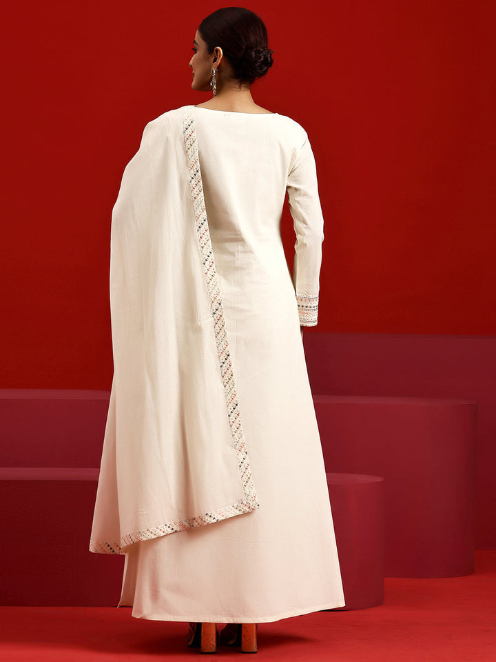 Libas Art Off White Embroidered Cotton A-Line Kurta With Trousers & Dupatta