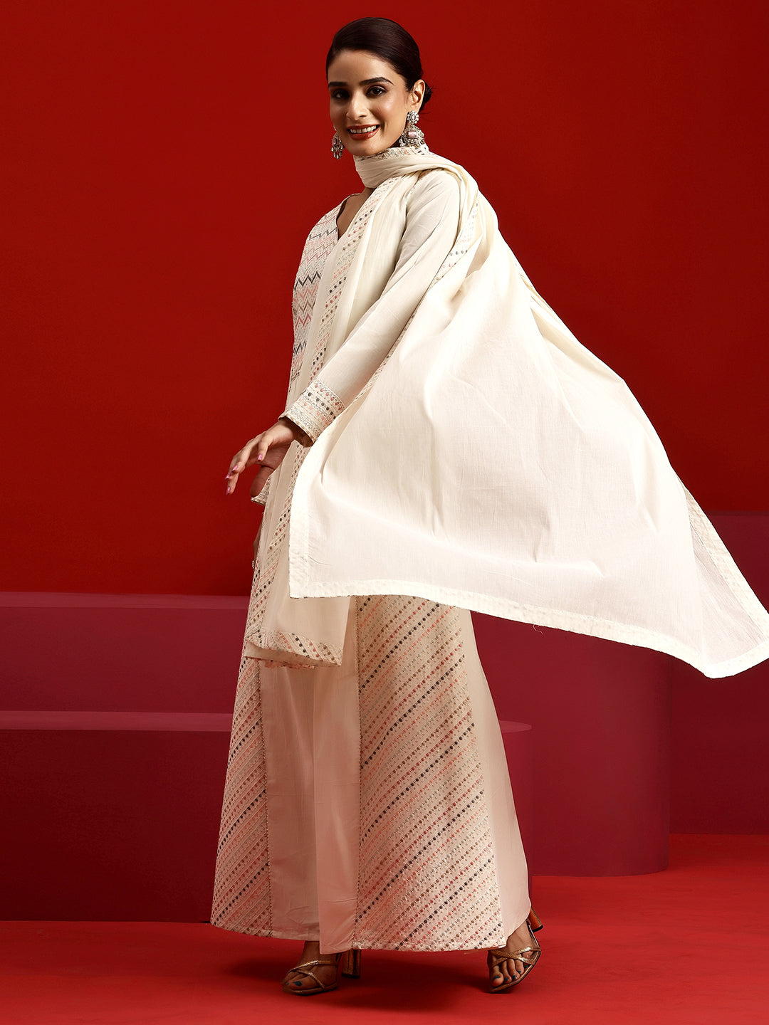 Libas Art Off White Embroidered Cotton A-Line Kurta With Trousers & Dupatta