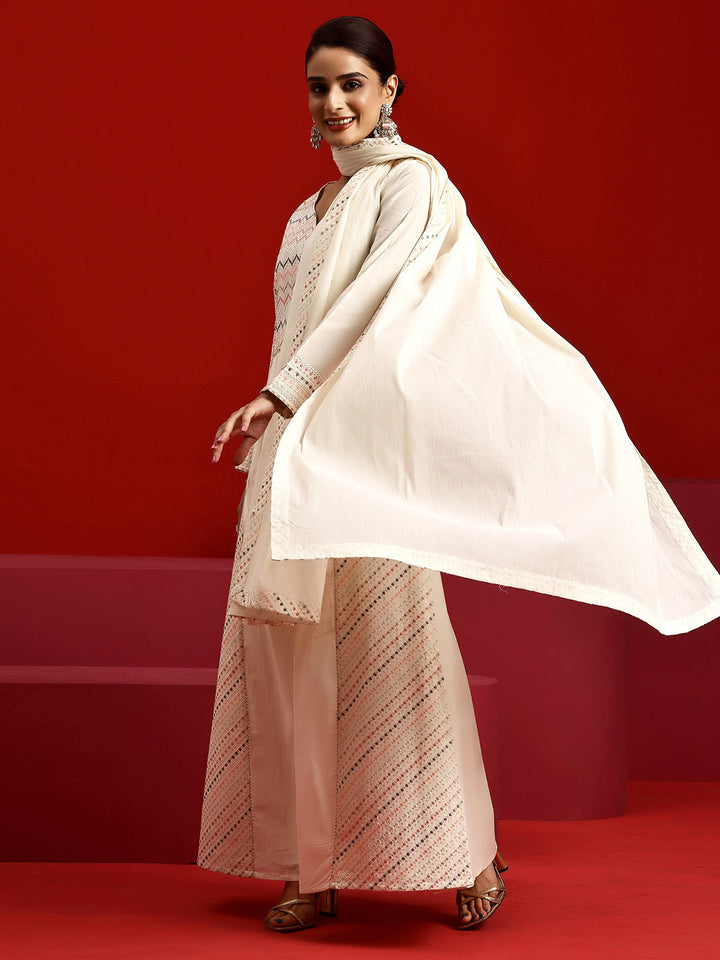 Libas Art Off White Embroidered Cotton A-Line Kurta With Trousers & Dupatta