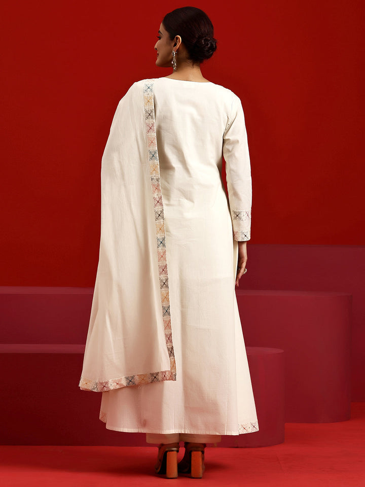 Libas Art Off White Embroidered Cotton A-Line Kurta With Trousers & Dupatta