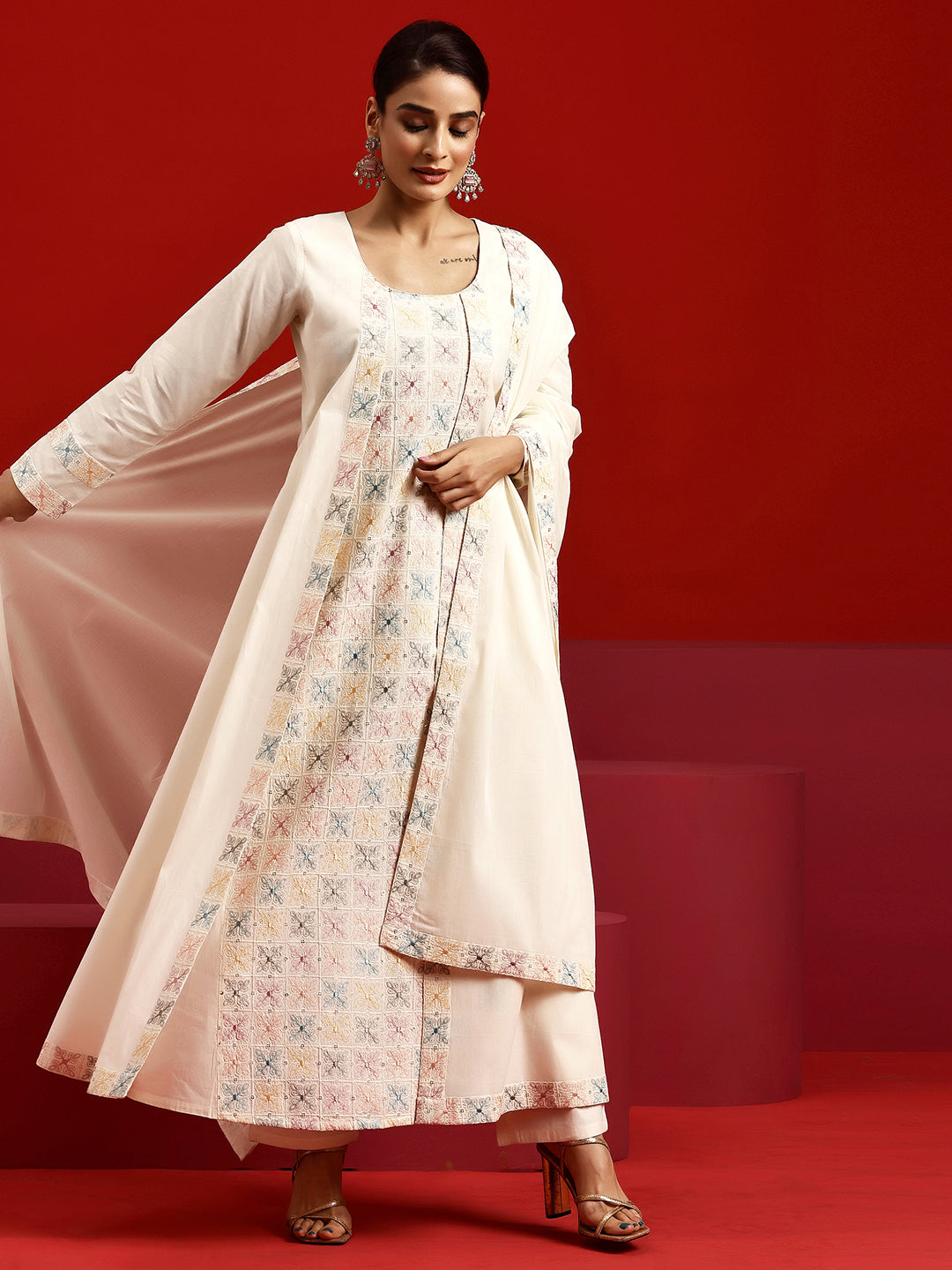 Libas Art Off White Embroidered Cotton A-Line Kurta With Trousers & Dupatta