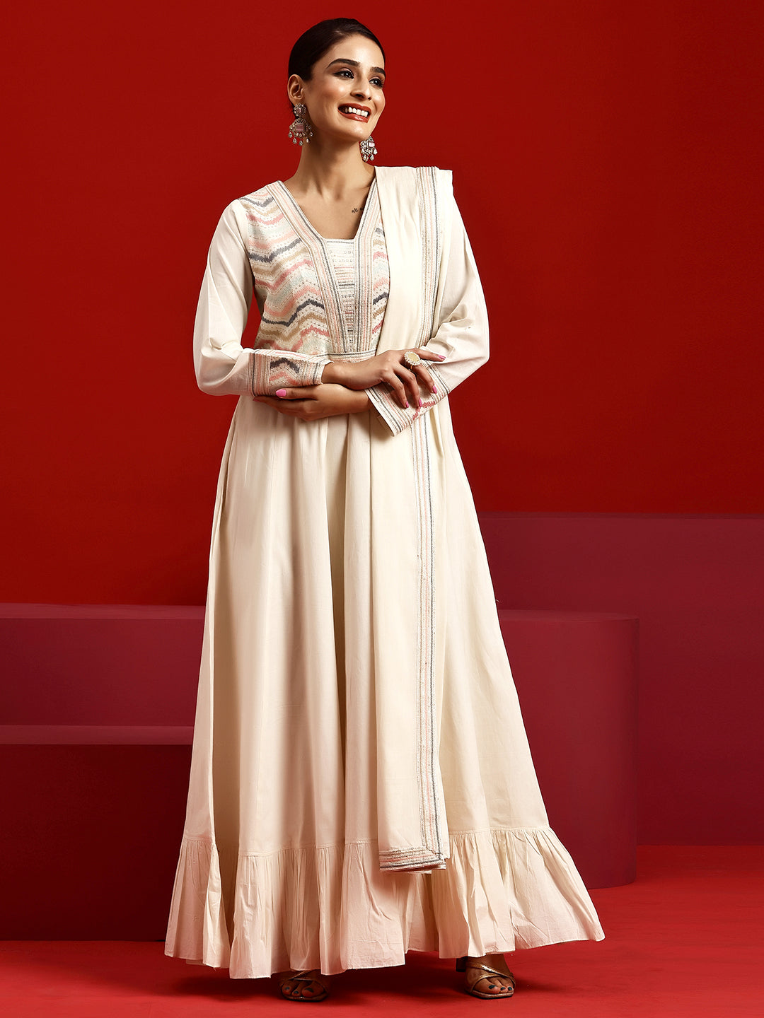 Libas Art Off White Embroidered Cotton A-Line Kurta With Trousers & Dupatta