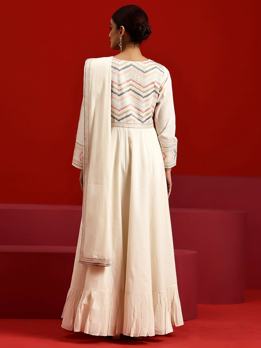 Libas Art Off White Embroidered Cotton A-Line Kurta With Trousers & Dupatta