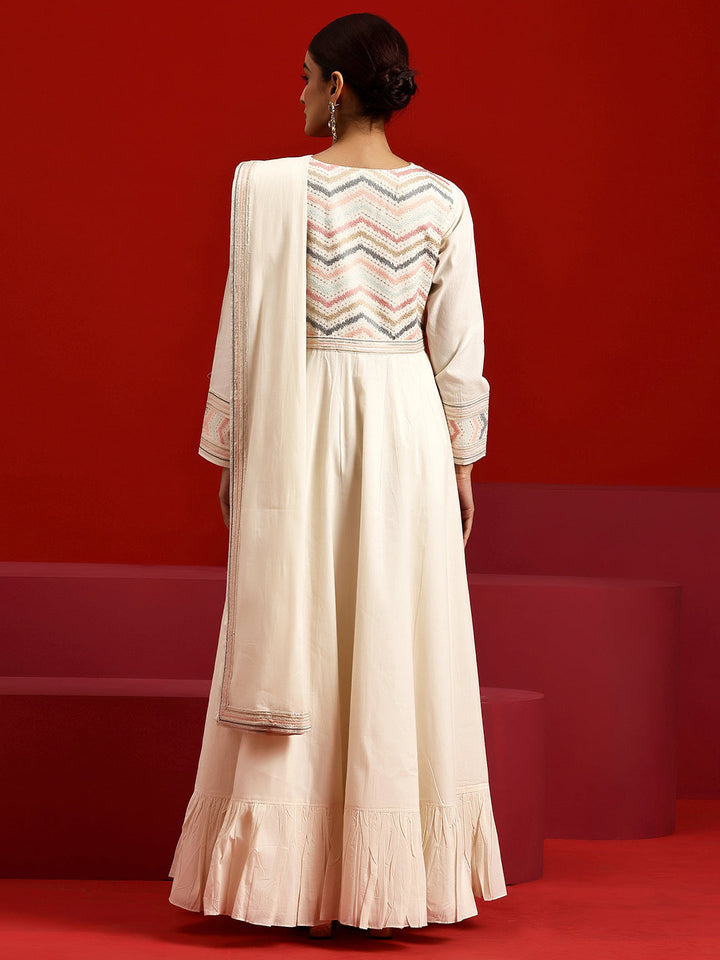 Libas Art Off White Embroidered Cotton A-Line Kurta With Trousers & Dupatta