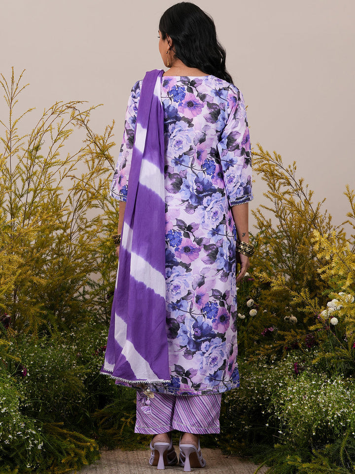 Lavender Printed Cotton Straight Suit With Dupatta