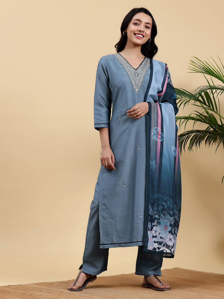 Blue Embroidered Silk Blend Straight Suit With Dupatta
