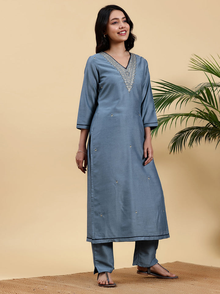 Blue Embroidered Silk Blend Straight Suit With Dupatta