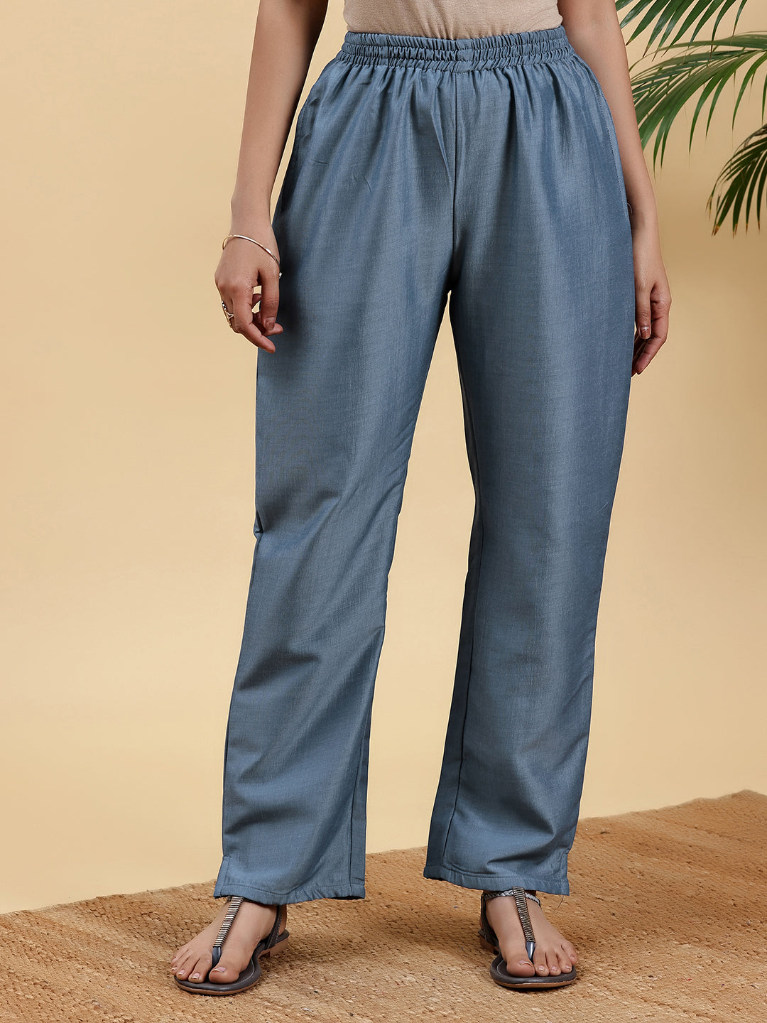 Blue Embroidered Silk Blend Straight Suit With Dupatta