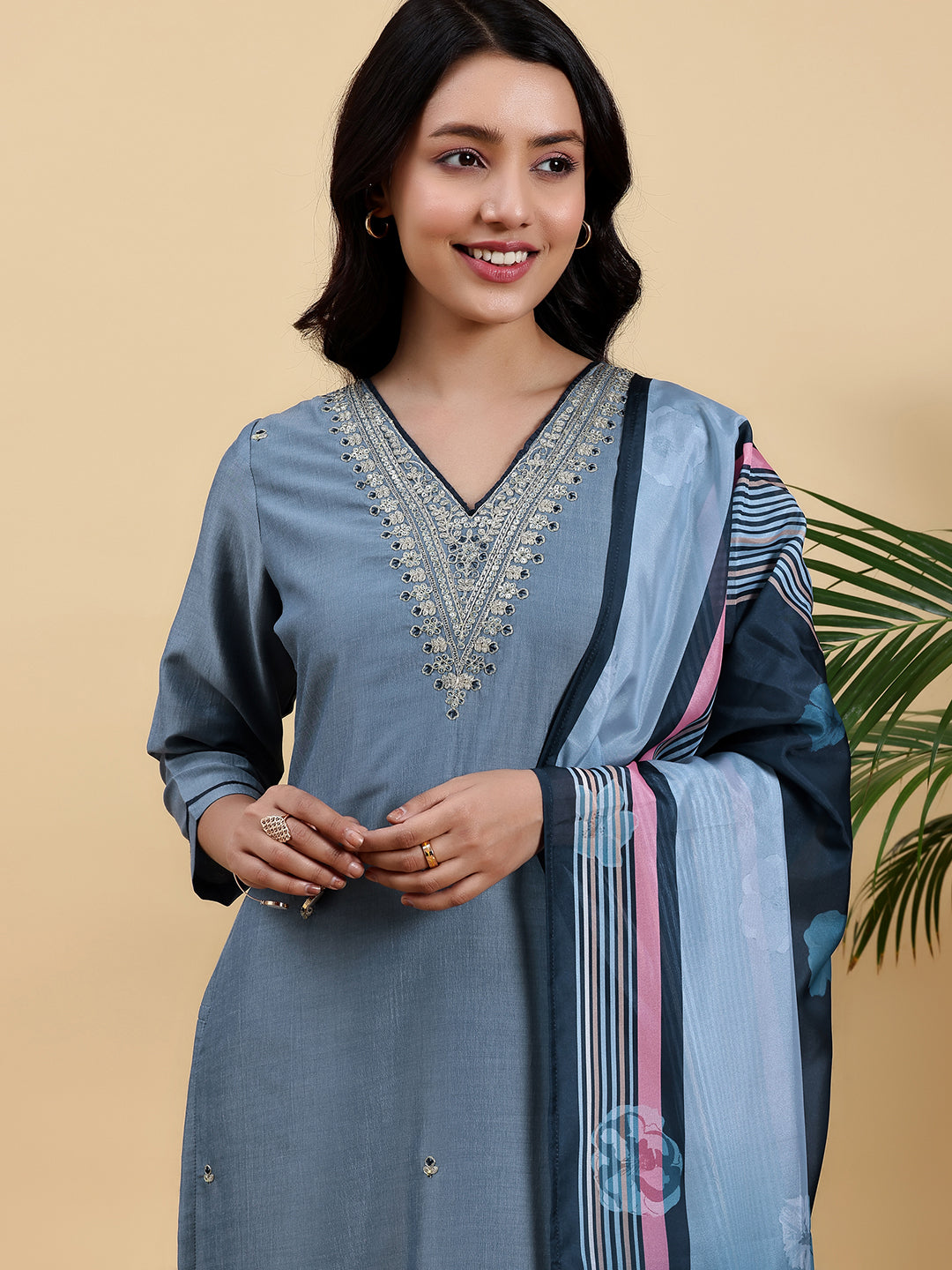 Blue Embroidered Silk Blend Straight Suit With Dupatta