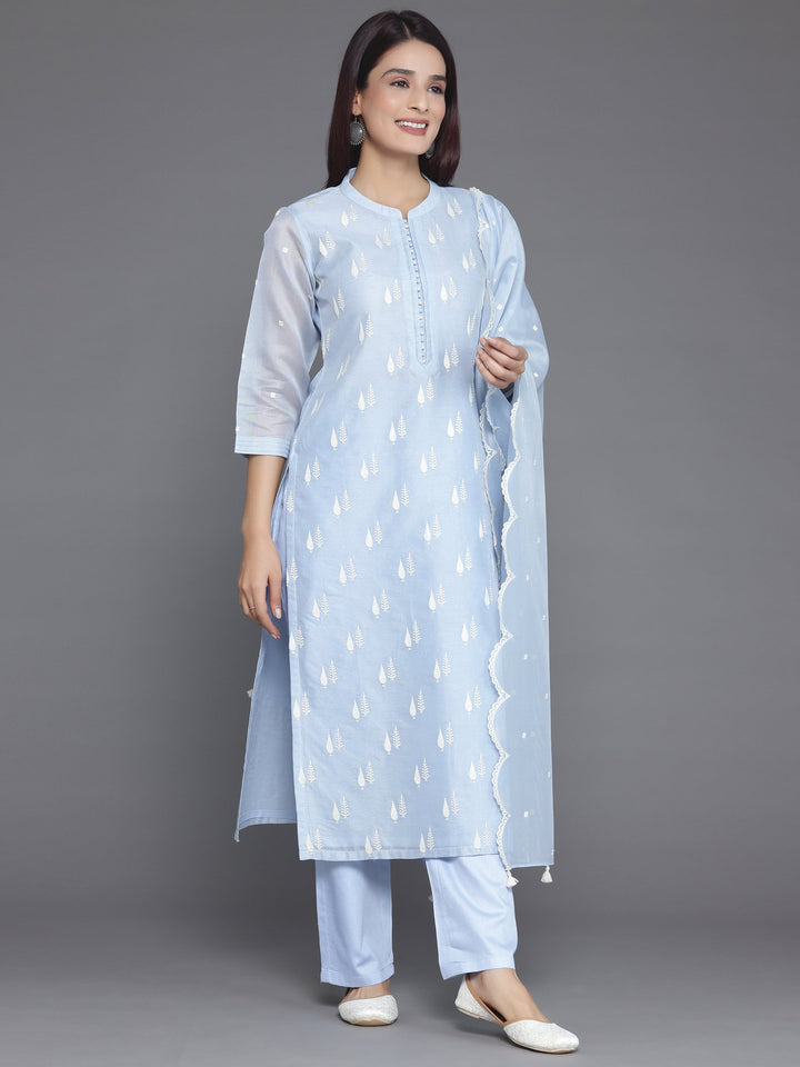 Blue Embroidered Chanderi Silk Straight Suit With Dupatta