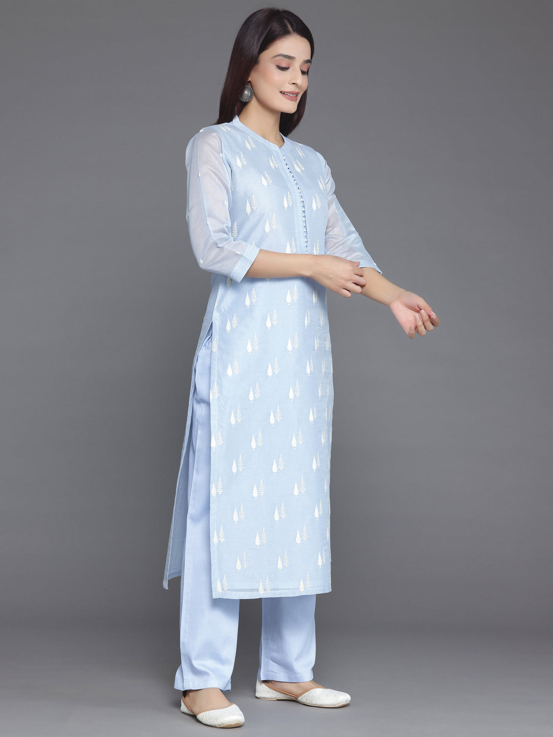 Blue Embroidered Chanderi Silk Straight Suit With Dupatta