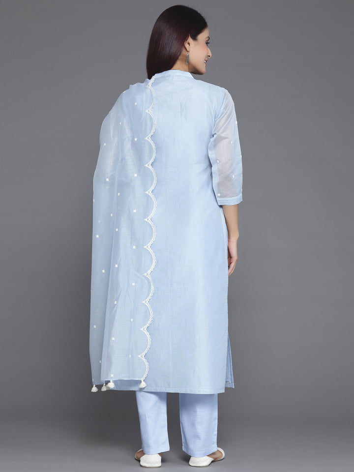 Blue Embroidered Chanderi Silk Straight Suit With Dupatta