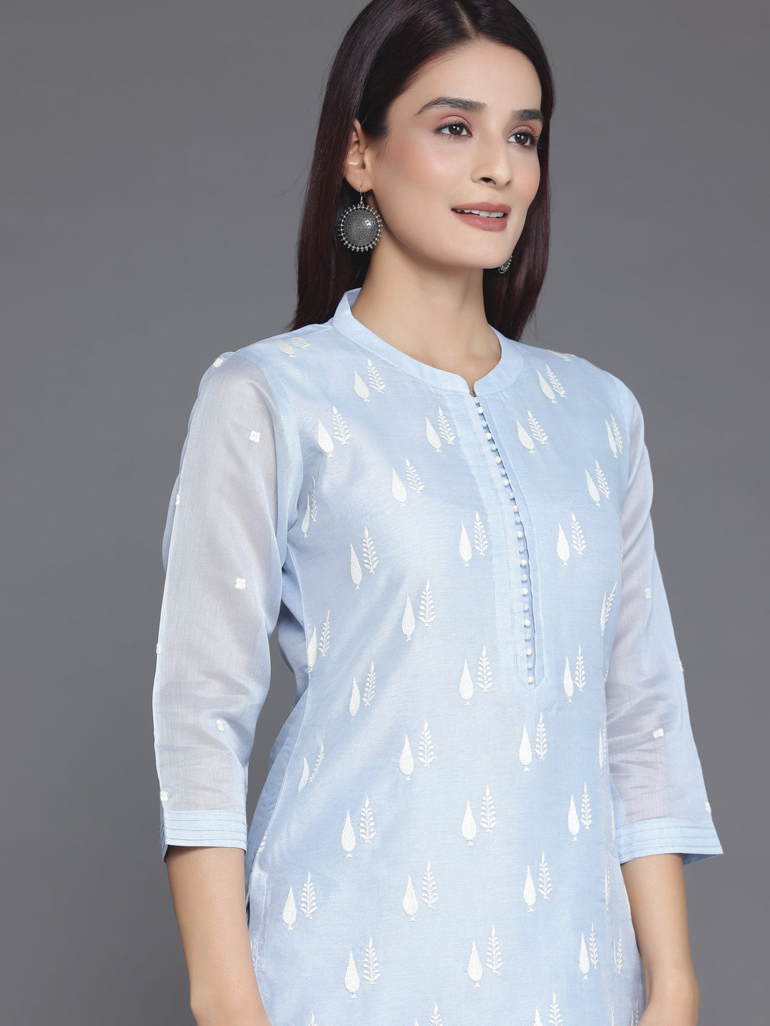 Blue Embroidered Chanderi Silk Straight Suit With Dupatta