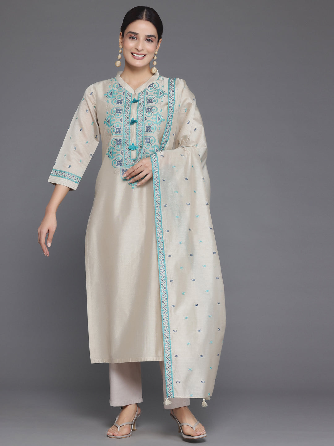 Beige Yoke Design Chanderi Silk Straight Suit With Dupatta