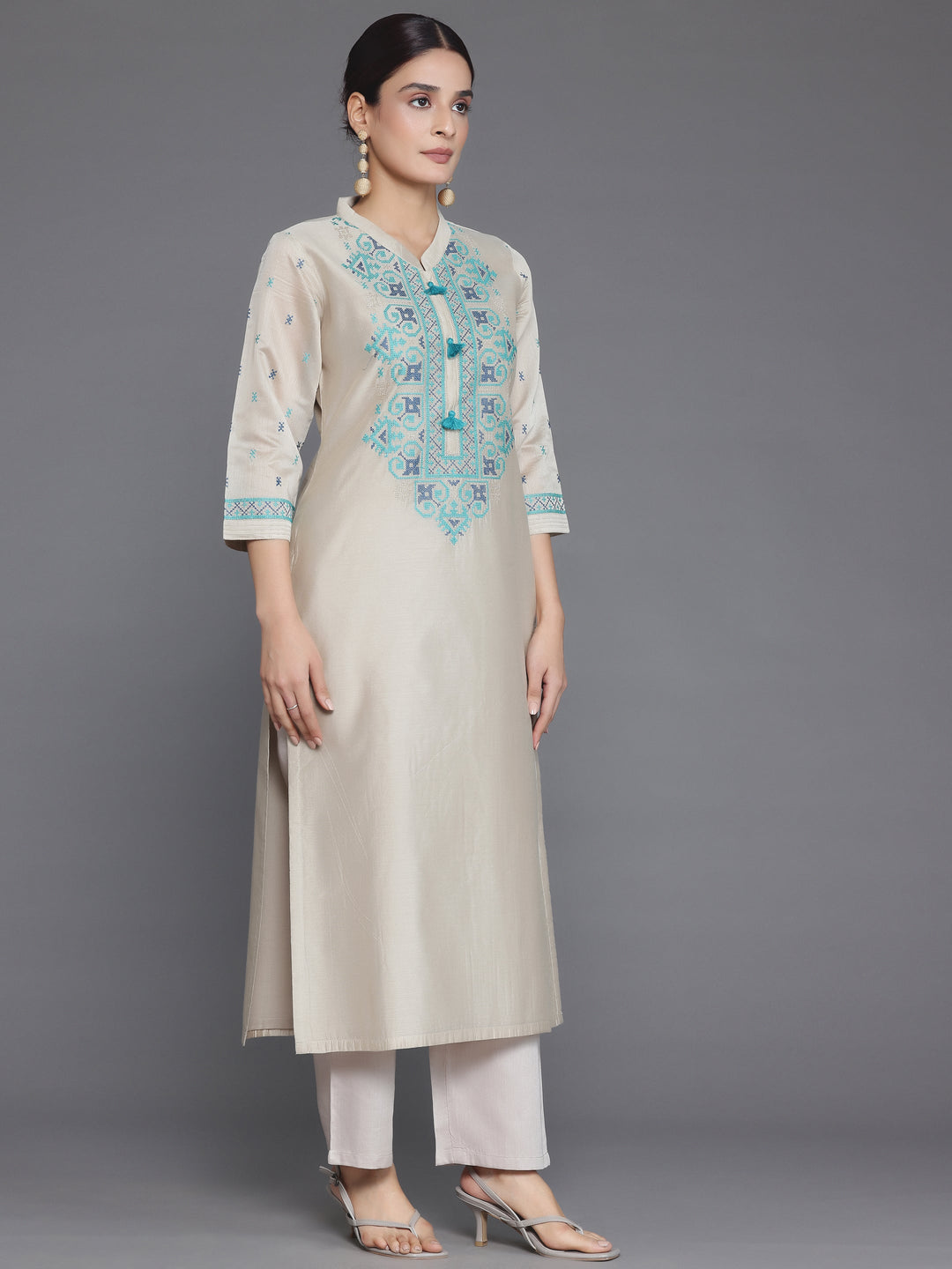 Beige Yoke Design Chanderi Silk Straight Suit With Dupatta