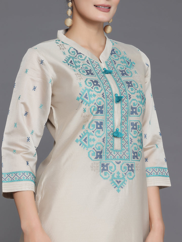 Beige Yoke Design Chanderi Silk Straight Suit With Dupatta