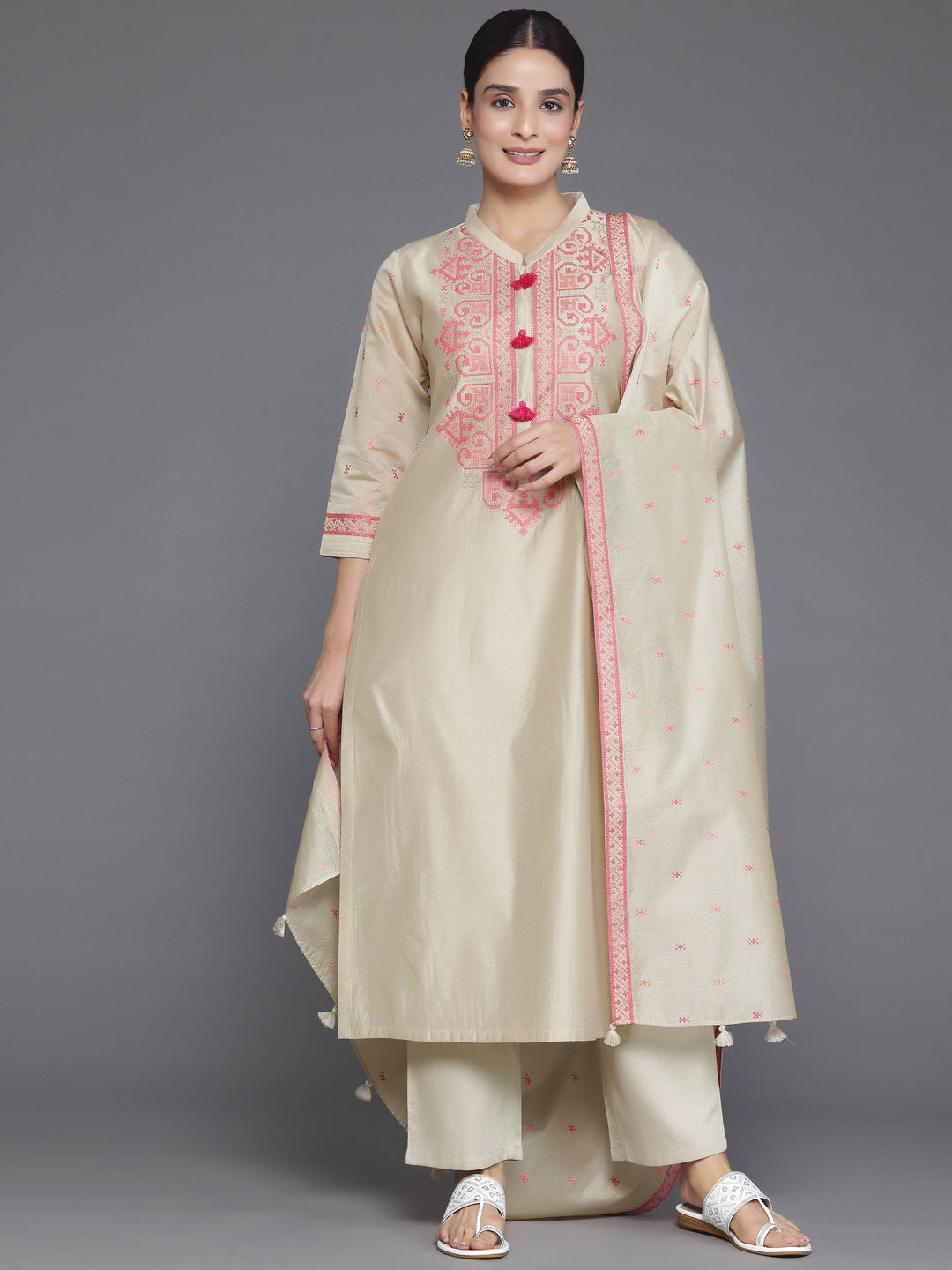 Beige Yoke Design Chanderi Silk Straight Suit With Dupatta