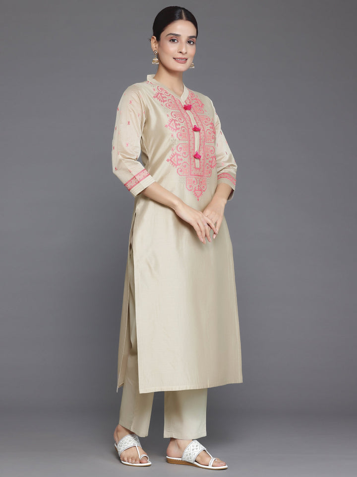 Beige Yoke Design Chanderi Silk Straight Suit With Dupatta