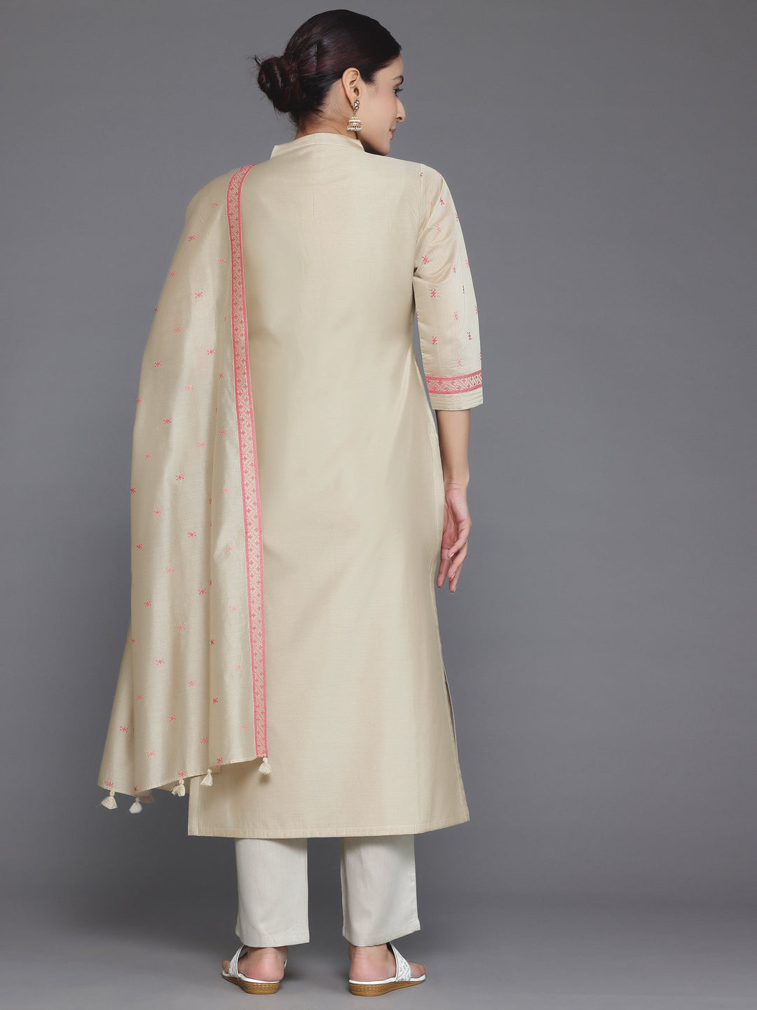 Beige Yoke Design Chanderi Silk Straight Suit With Dupatta