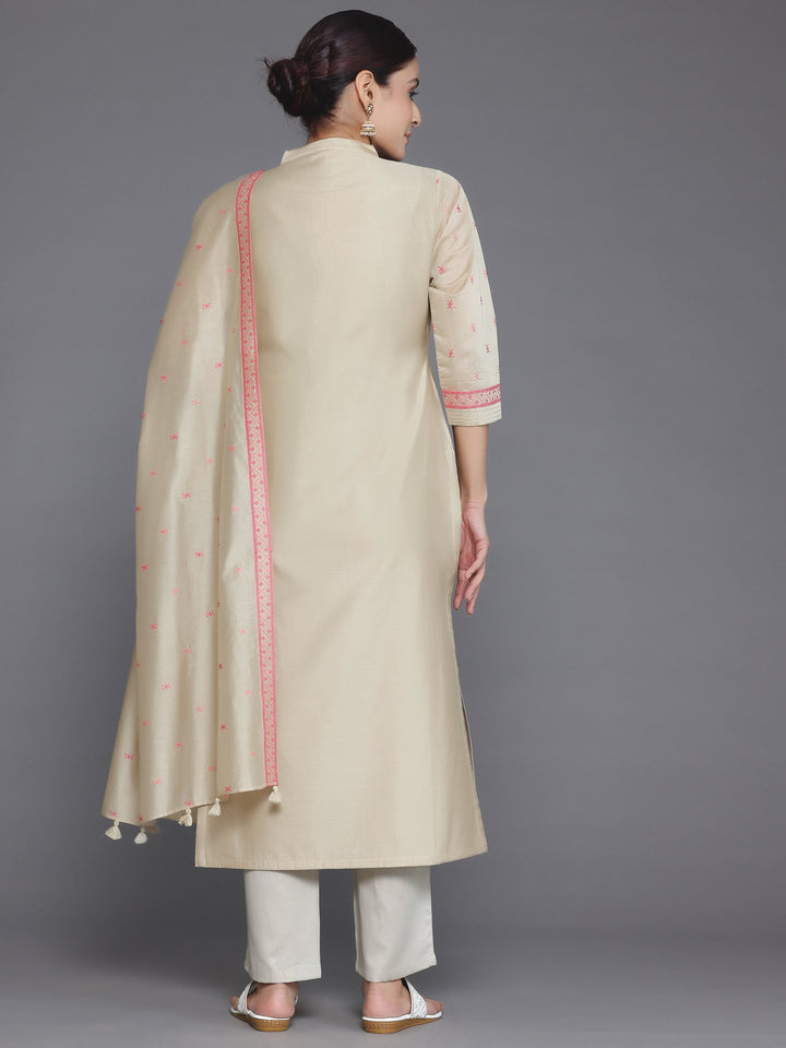 Beige Yoke Design Chanderi Silk Straight Suit With Dupatta