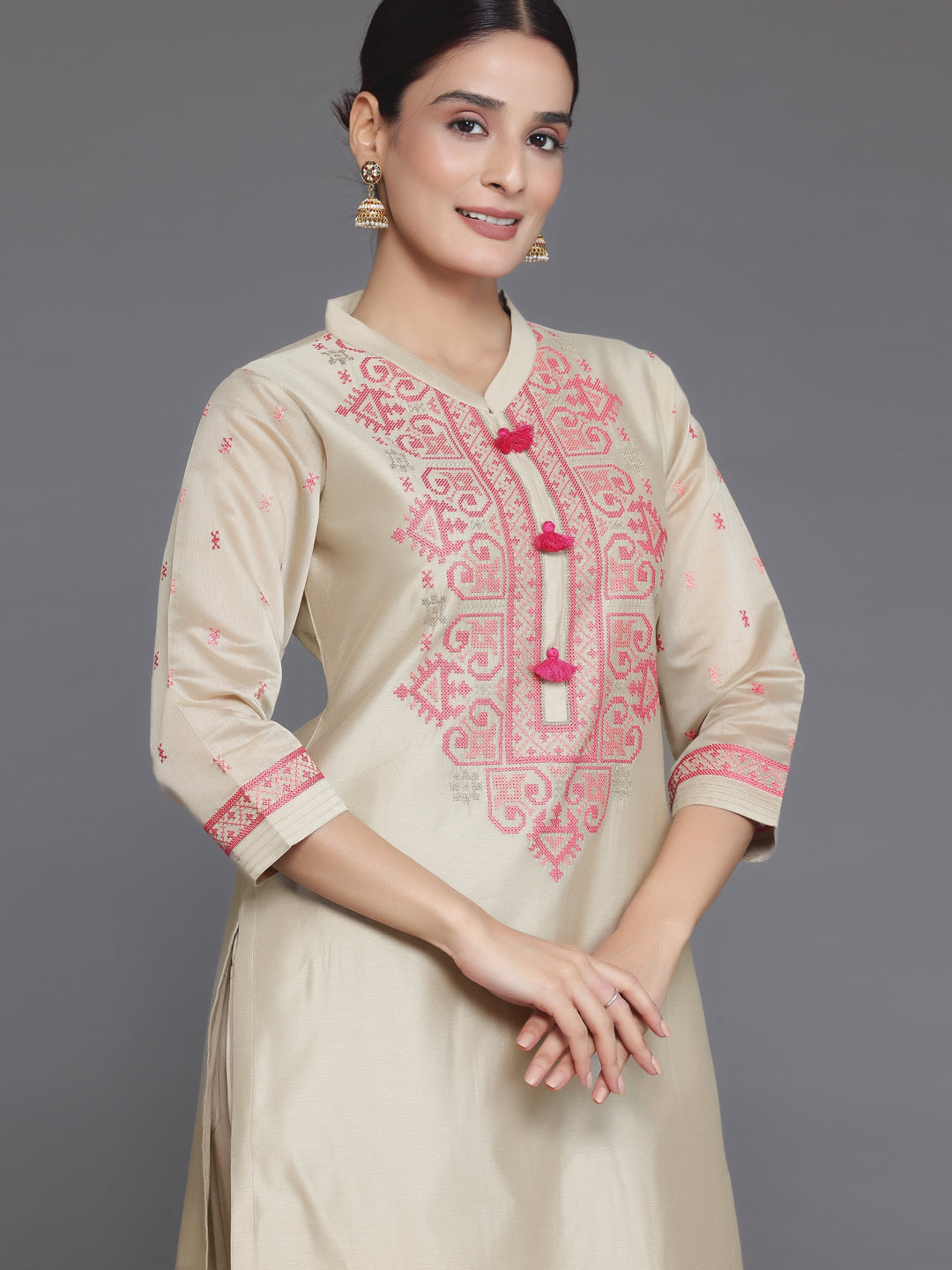 Beige Yoke Design Chanderi Silk Straight Suit With Dupatta
