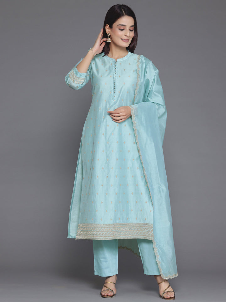 Blue Embroidered Chanderi Silk Straight Suit With Dupatta
