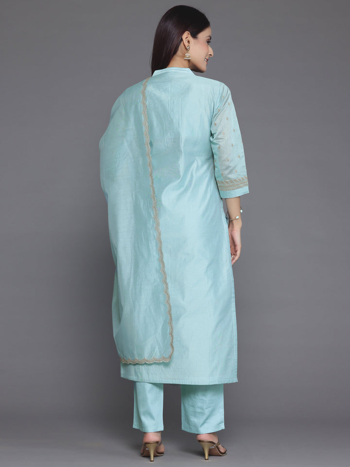 Blue Embroidered Chanderi Silk Straight Suit With Dupatta