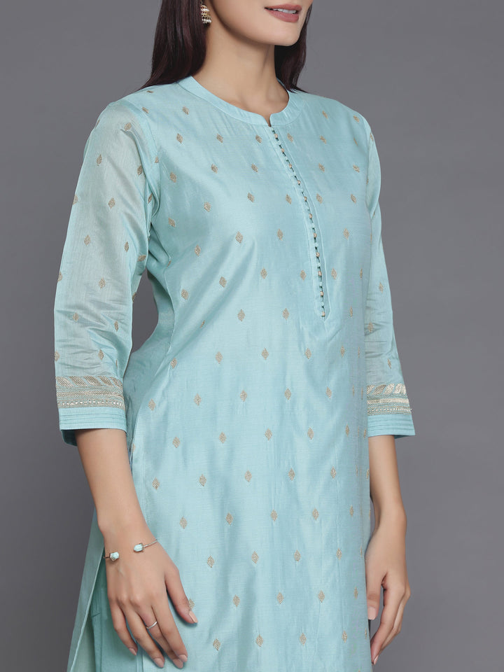 Blue Embroidered Chanderi Silk Straight Suit With Dupatta