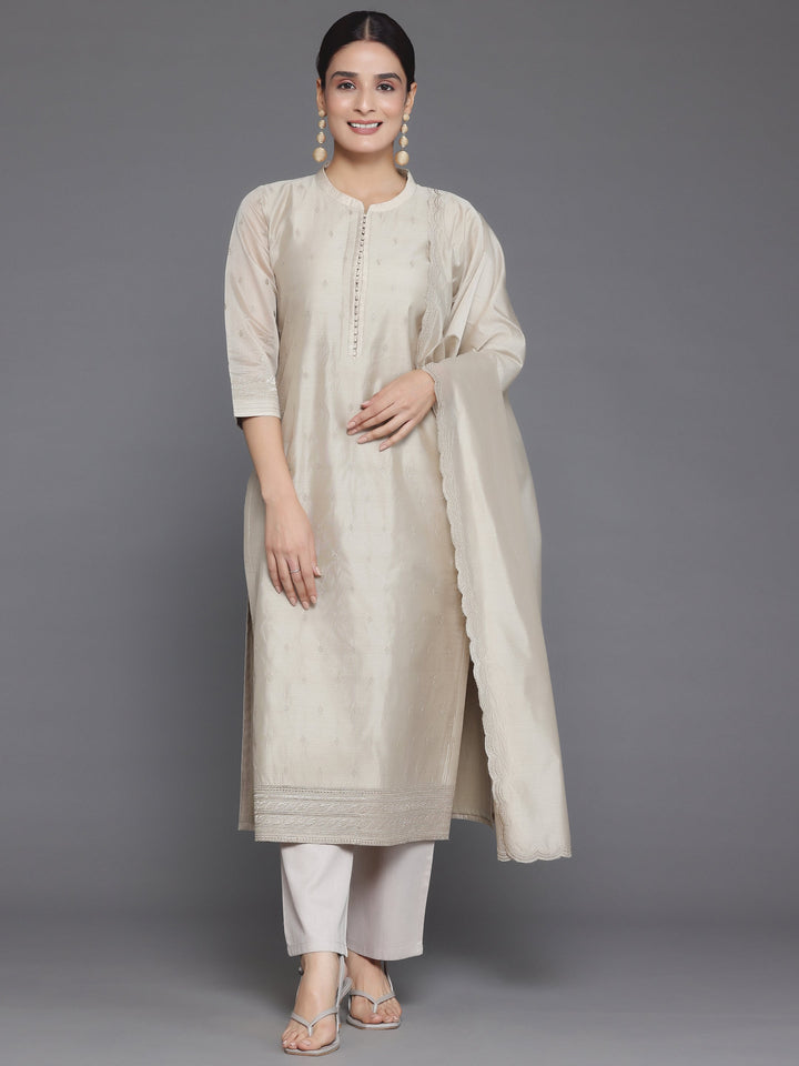 Beige Embroidered Chanderi Silk Straight Suit With Dupatta