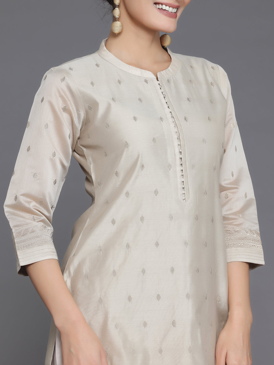 Beige Embroidered Chanderi Silk Straight Suit With Dupatta