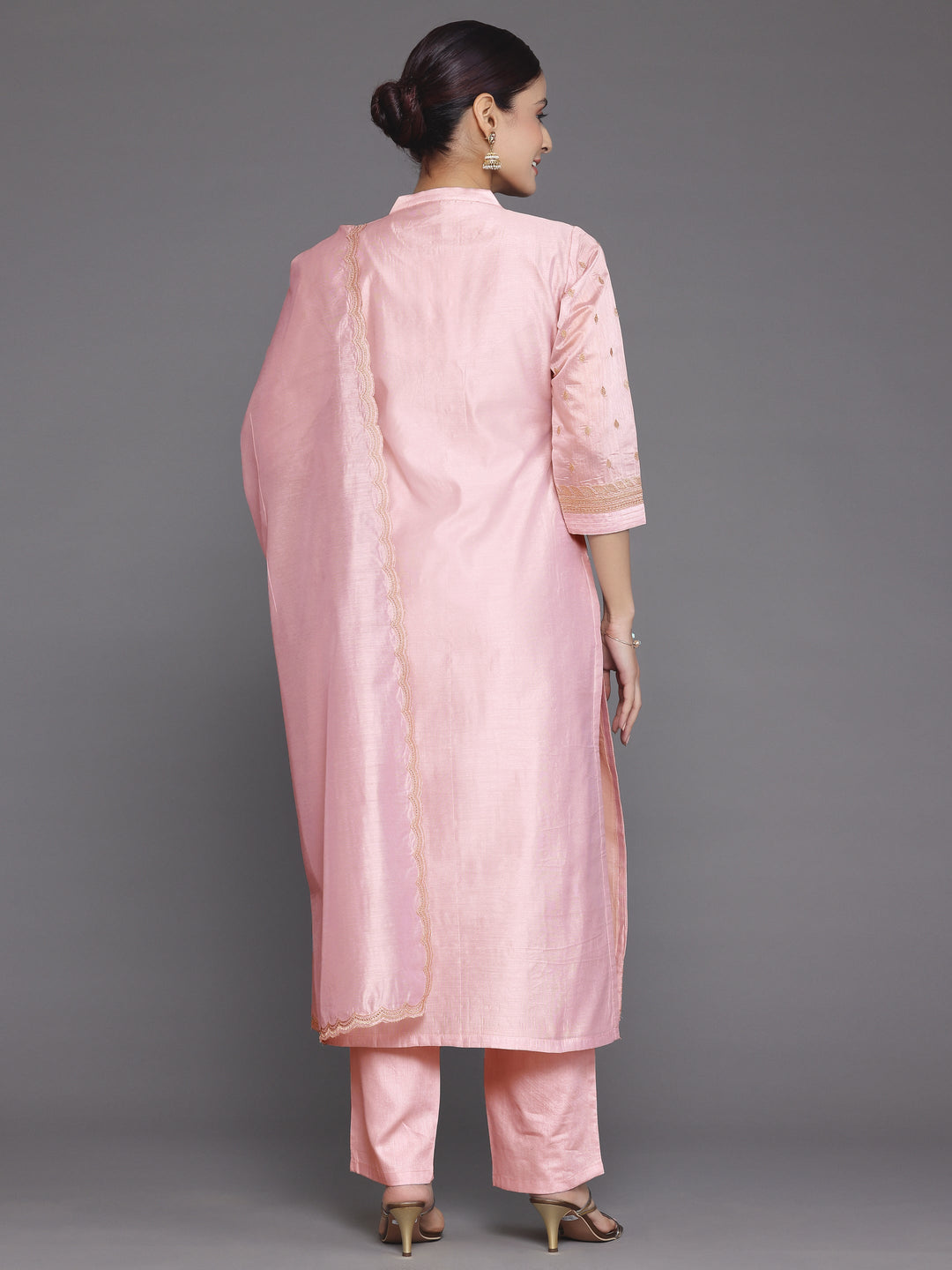 Pink Embroidered Chanderi Silk Straight Suit With Dupatta