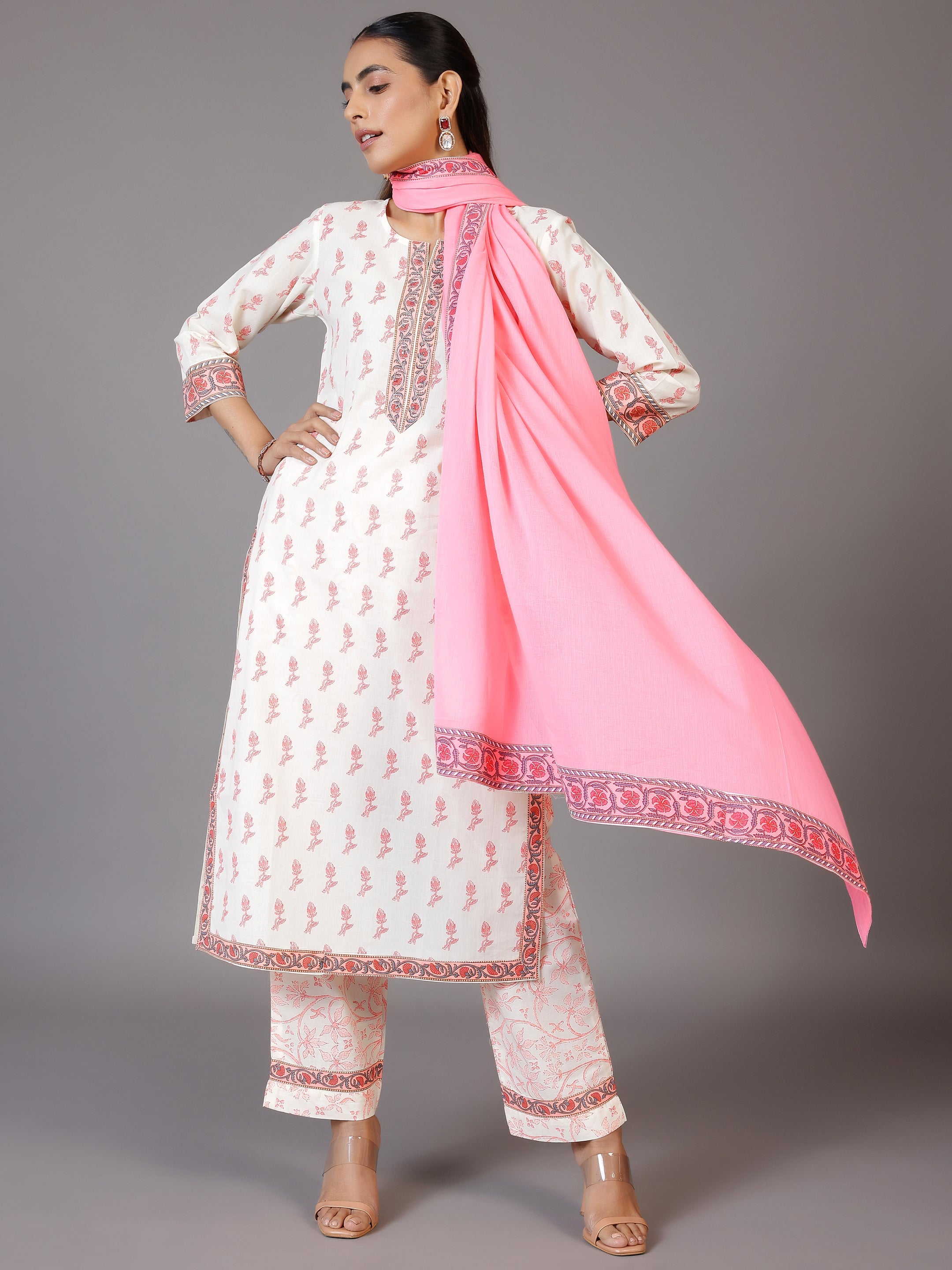 Off White Printed Cotton Straight Suit Sets With Dupatta