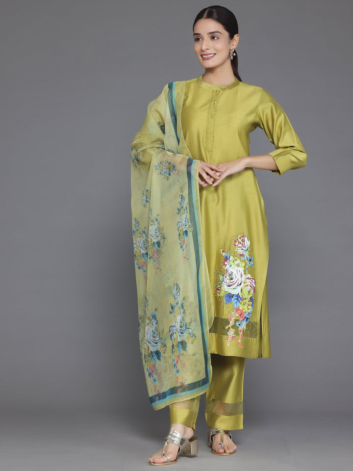 Green Self Design Silk Blend Straight Suit With Dupatta