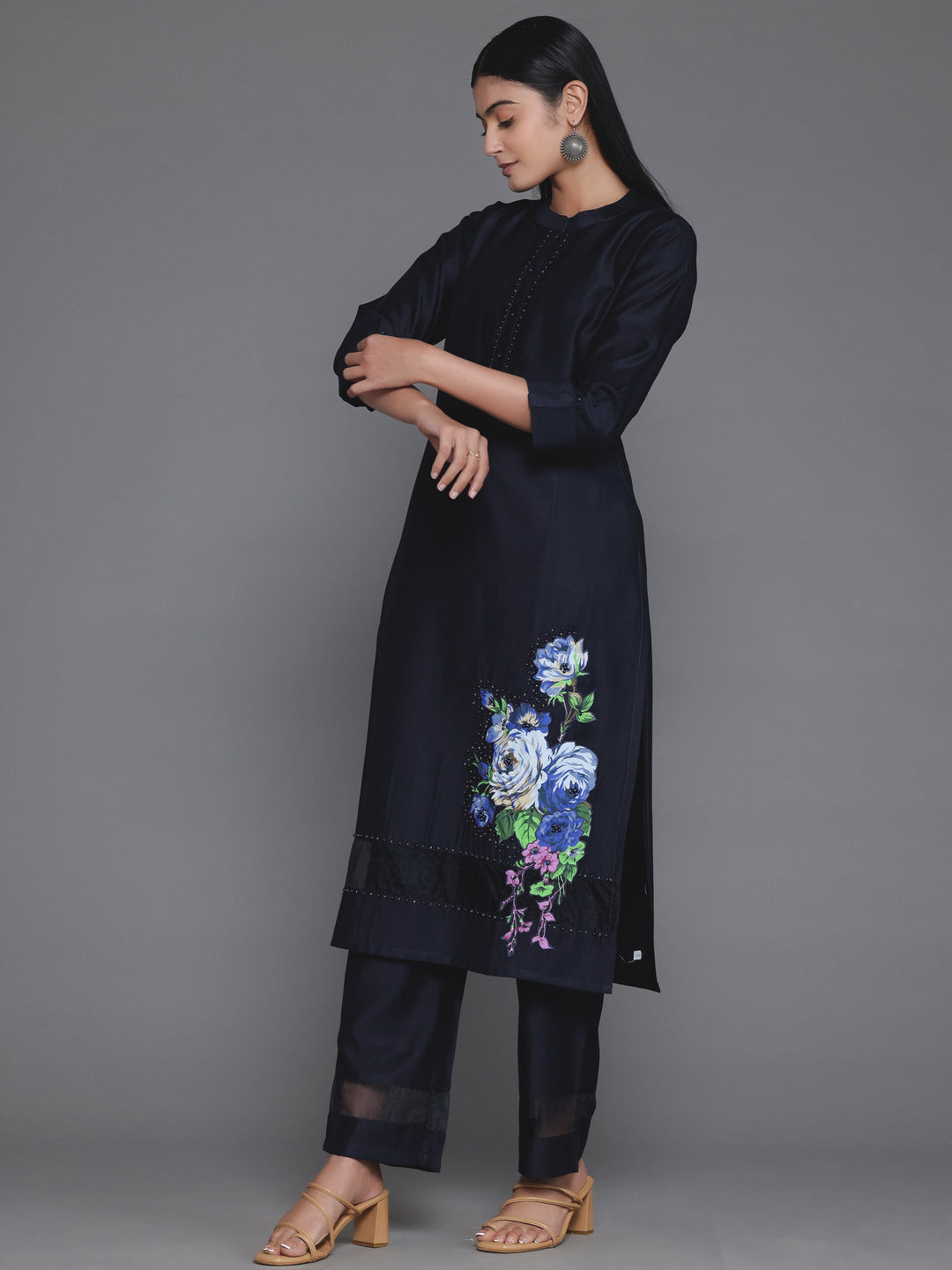 Navy Blue Self Design Silk Blend Straight Suit With Dupatta