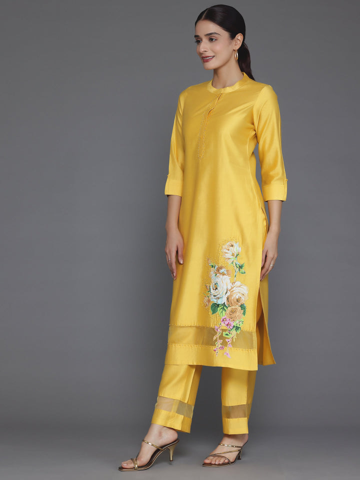 Mustard Self Design Silk Blend Straight Suit With Dupatta