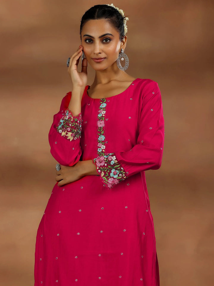 Red Embroidered Silk Blend Straight Suit With Dupatta