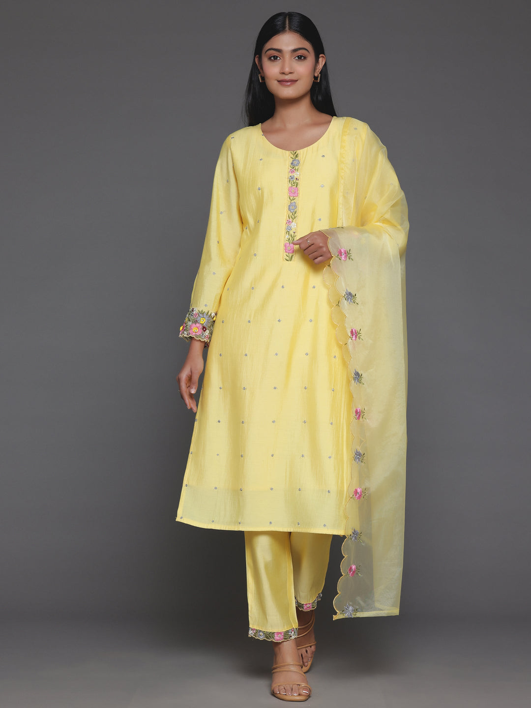 Yellow Embroidered Silk Blend Straight Suit With Dupatta