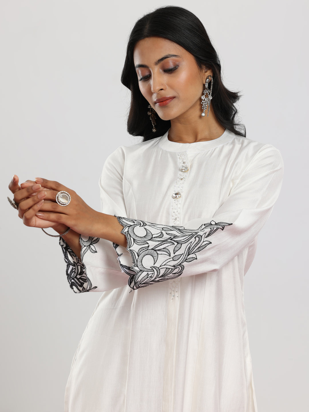 White Solid Silk Blend Straight Suit With Dupatta