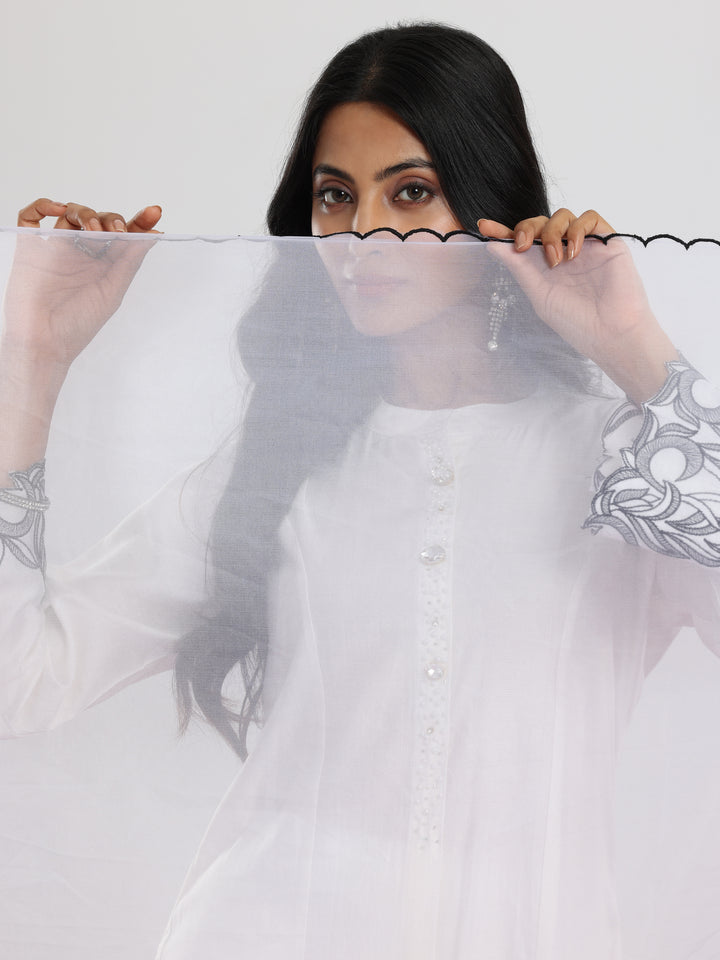 White Solid Silk Blend Straight Suit With Dupatta