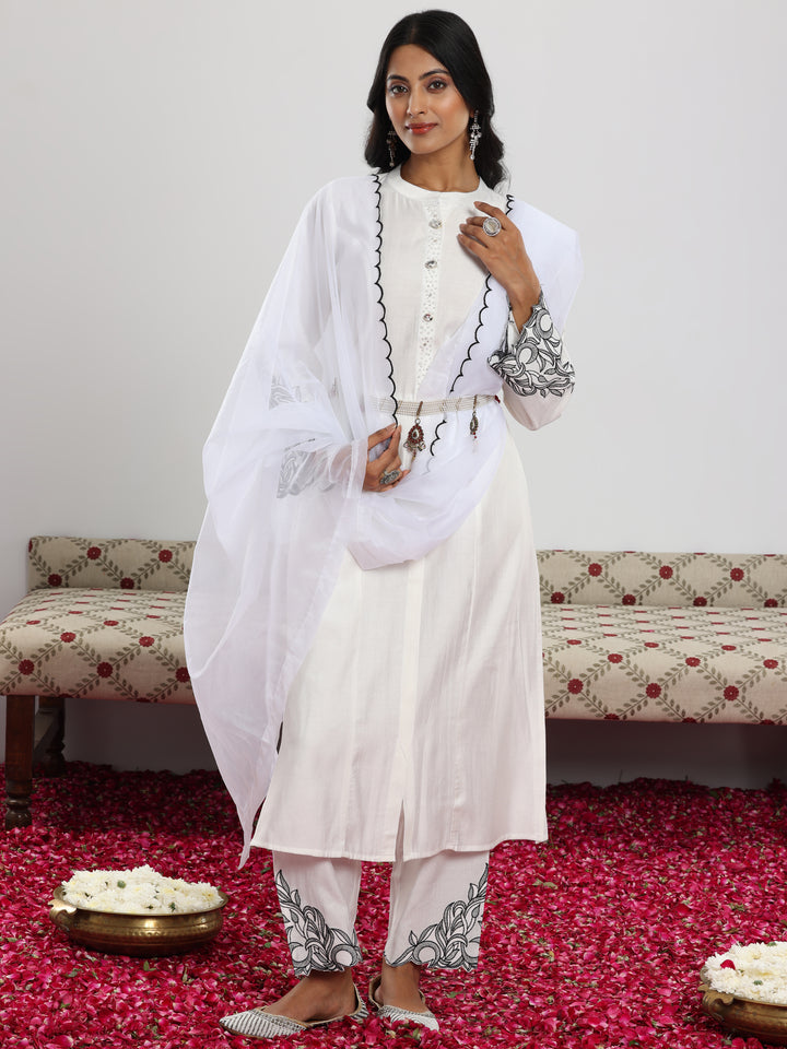 White Solid Silk Blend Straight Suit With Dupatta