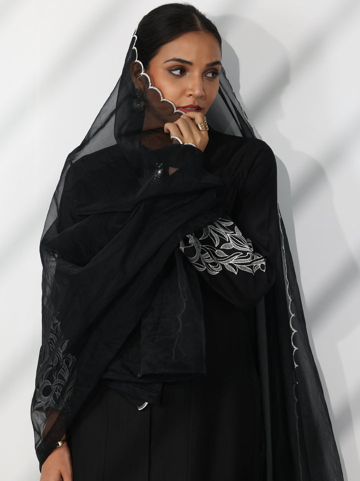 Black Solid Silk Blend Straight Suit With Dupatta