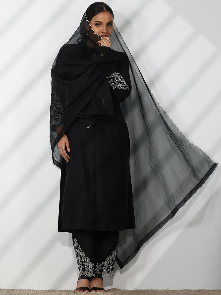 Black Solid Silk Blend Straight Suit With Dupatta